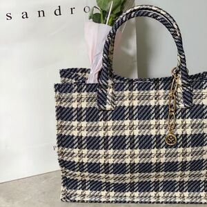 Like New Sandro Women Large Navy Tweed Tote Bag
